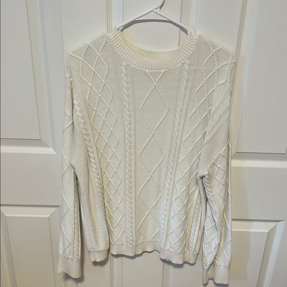 Edikted White Crew Neck Cable Knit Sweater